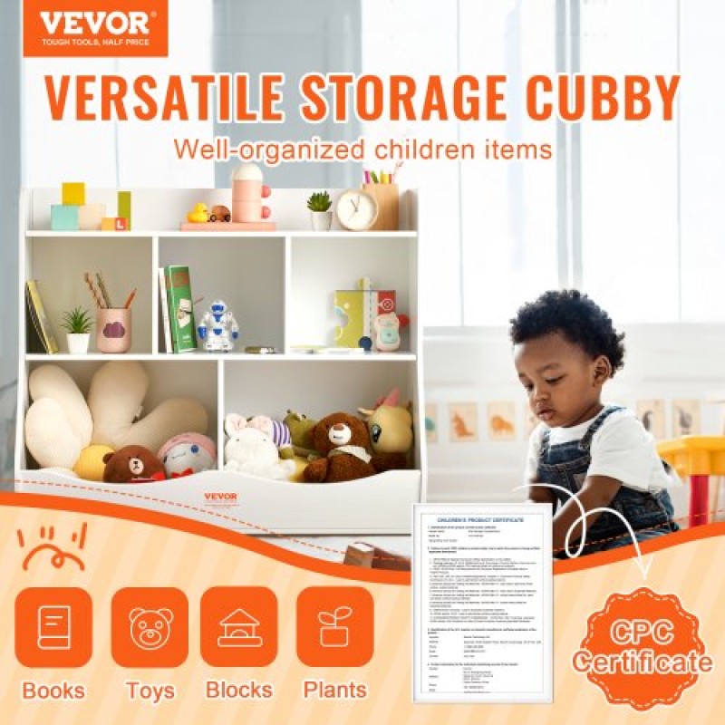 VEVOR Wood Kid Storage Cubby, Organizer αποθήκευσης παιχνιδιών με ράφι, 5-Cubby Ξύλινο ντουλάπι αποθήκευσης παιχνιδιών, Παιδικό ράφι παιχνιδιών βιβλίων για παιδικό δωμάτιο, Παιδικός χώρος, νηπιαγωγείο, νηπιαγωγείο, λευκό