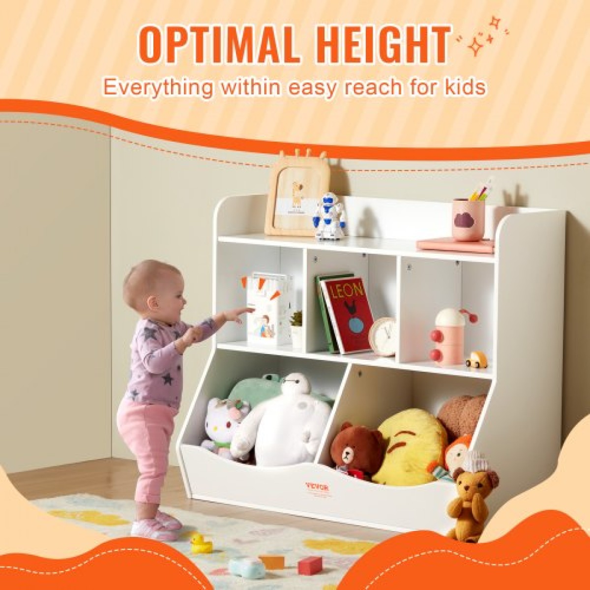 VEVOR Wood Kid Storage Cubby, Organizer αποθήκευσης παιχνιδιών με ράφι, 5-Cubby Ξύλινο ντουλάπι αποθήκευσης παιχνιδιών, Παιδικό ράφι παιχνιδιών βιβλίων για παιδικό δωμάτιο, Παιδικός χώρος, νηπιαγωγείο, νηπιαγωγείο, λευκό
