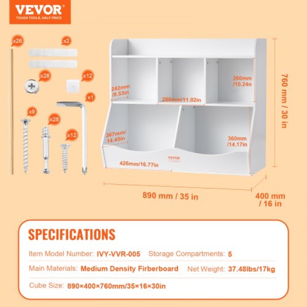 VEVOR Wood Kid Storage Cubby, Organizer αποθήκευσης παιχνιδιών με ράφι, 5-Cubby Ξύλινο ντουλάπι αποθήκευσης παιχνιδιών, Παιδικό ράφι παιχνιδιών βιβλίων για παιδικό δωμάτιο, Παιδικός χώρος, νηπιαγωγείο, νηπιαγωγείο, λευκό