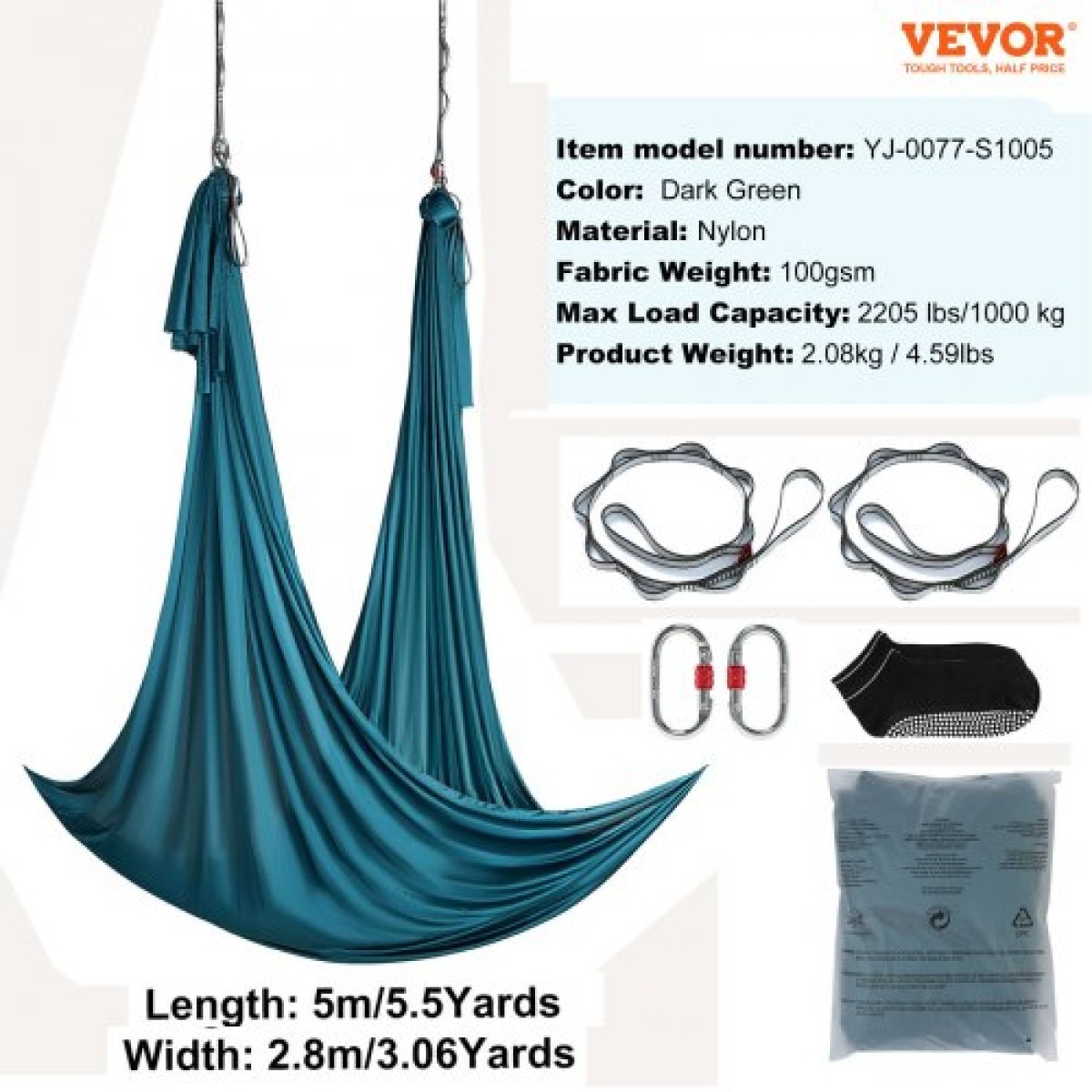VEVOR Aerial Yoga Hammock & Swing, 5,5 Yards, Aerial Yoga Starter Kit με 100gsm Nylon Fabric, Full Rigging Hardware & Easy Set-up Guide, Antigravity Flying for All Levels Fitness Bodybuilding, Green