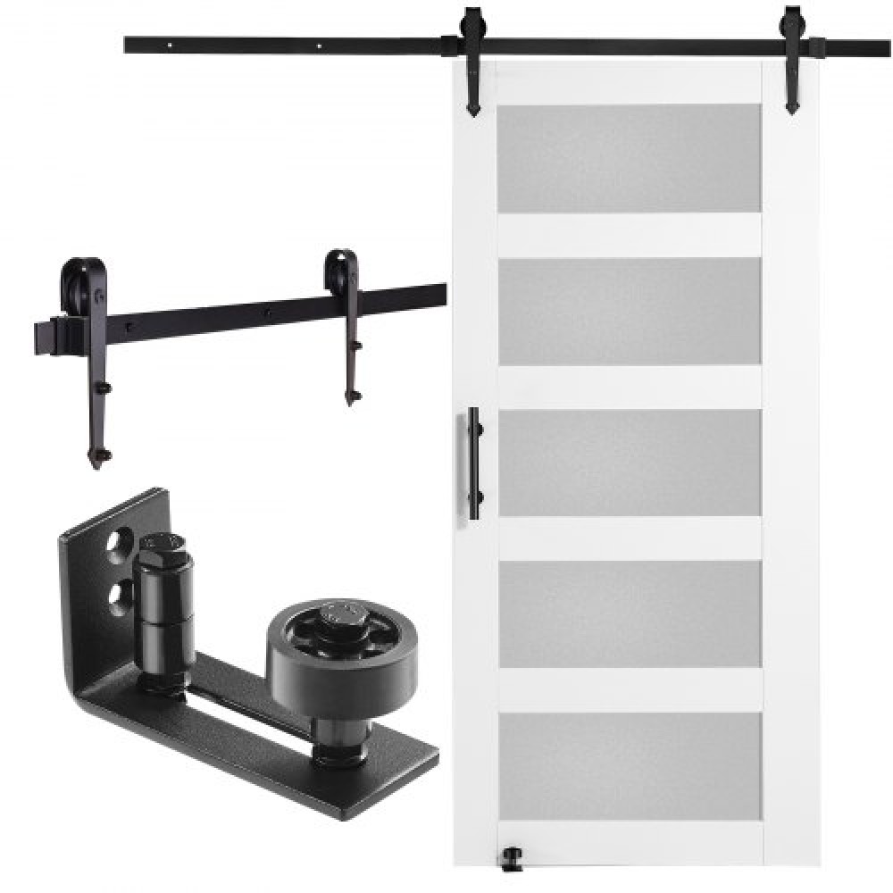 VEVOR Barn Door and Hardware Kit, 42" x 84" Ξύλινη και γυάλινη συρόμενη πόρτα αχυρώνα, ομαλά και αθόρυβα, κιτ αχυρώνας με οδηγό δαπέδου 8 σε 1 και λαβή πόρτας, πλάκα από ξύλο ελάτης και παγωμένο γυαλί