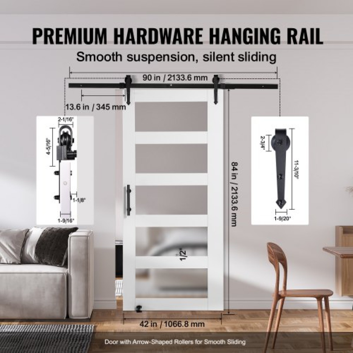 VEVOR Barn Door and Hardware Kit, 42" x 84" Ξύλινη και γυάλινη συρόμενη πόρτα αχυρώνα, ομαλά και αθόρυβα, κιτ αχυρώνας με οδηγό δαπέδου 8 σε 1 και λαβή πόρτας, πλάκα από ξύλο ελάτης και παγωμένο γυαλί
