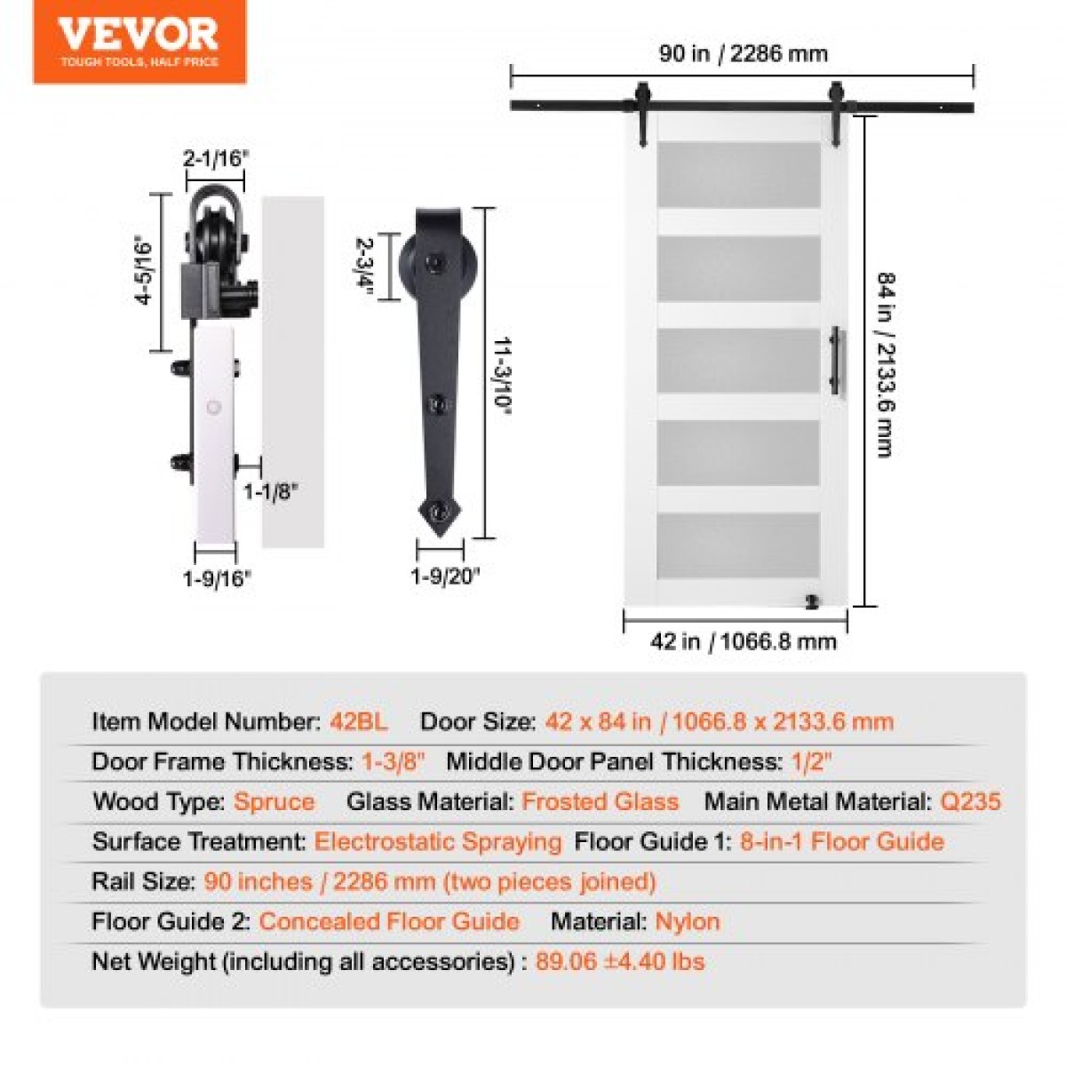 VEVOR Barn Door and Hardware Kit, 42" x 84" Ξύλινη και γυάλινη συρόμενη πόρτα αχυρώνα, ομαλά και αθόρυβα, κιτ αχυρώνας με οδηγό δαπέδου 8 σε 1 και λαβή πόρτας, πλάκα από ξύλο ελάτης και παγωμένο γυαλί