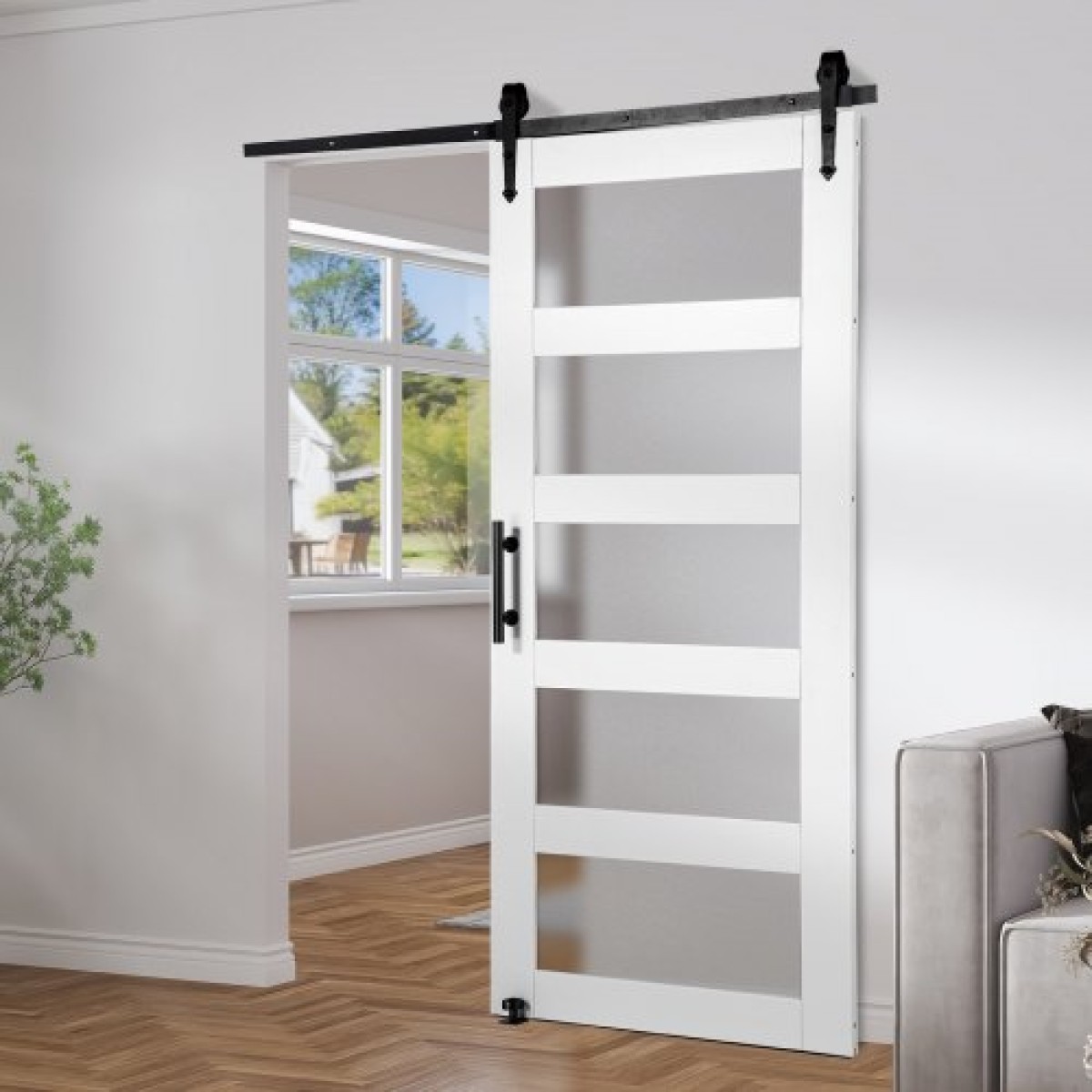 VEVOR Barn Door and Hardware Kit, 42" x 84" Ξύλινη και γυάλινη συρόμενη πόρτα αχυρώνα, ομαλά και αθόρυβα, κιτ αχυρώνας με οδηγό δαπέδου 8 σε 1 και λαβή πόρτας, πλάκα από ξύλο ελάτης και παγωμένο γυαλί