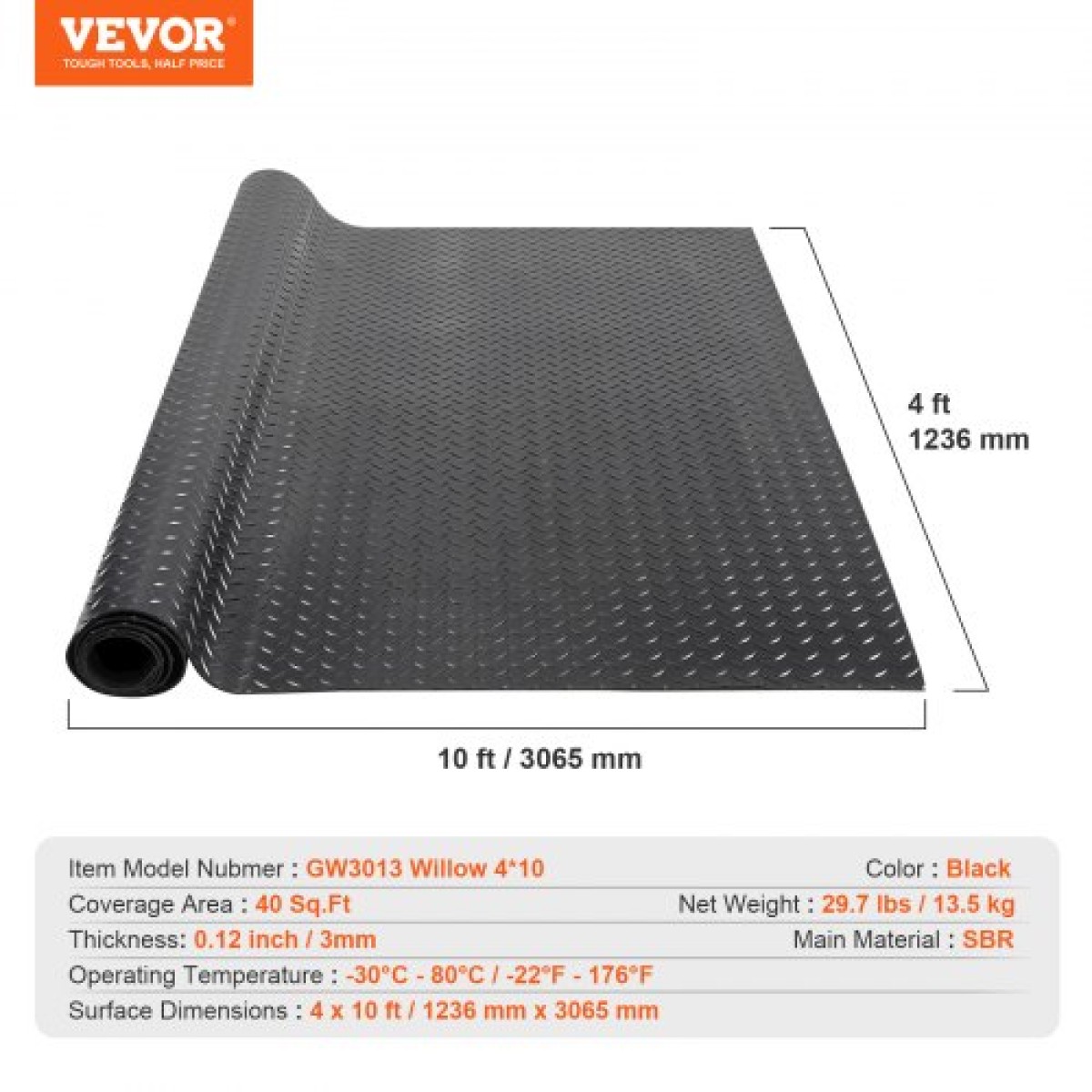 Ρολό δαπέδου από καουτσούκ VEVOR Diamond-Plate, 3 mm x 4 ft x 10 ft πατάκι γκαράζ, SBR Rubber ρολό δαπέδου γκαράζ, εύκολο στο καθάρισμα, διαμαντένιο ελαστικό χαλάκι για κάτω από αυτοκίνητα, Garage Industry Gym, Μαύρο