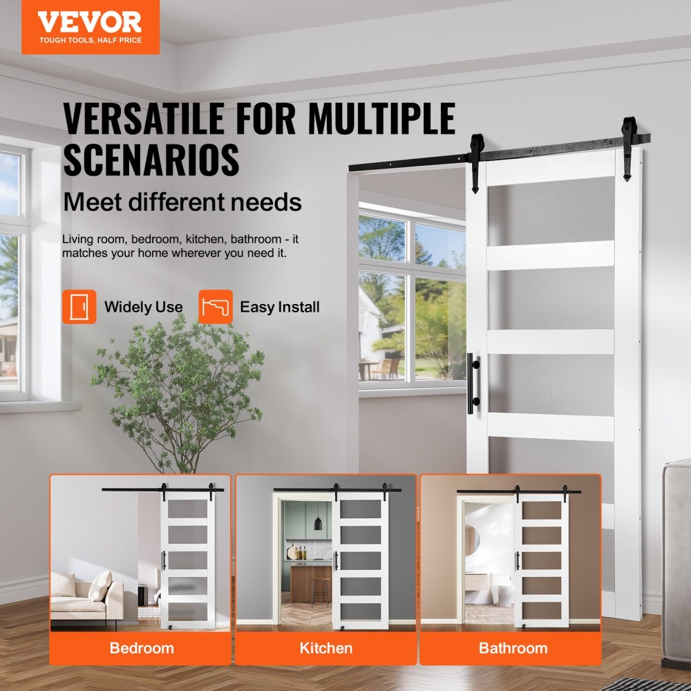 VEVOR Barn Door and Hardware Kit, 30" x 84" Ξύλινη και γυάλινη συρόμενη πόρτα αχυρώνα, ομαλά και αθόρυβα, κιτ αχυρώνας με οδηγό δαπέδου 8 σε 1 και λαβή πόρτας, πλάκα από ξύλο ελάτης και παγωμένο γυαλί