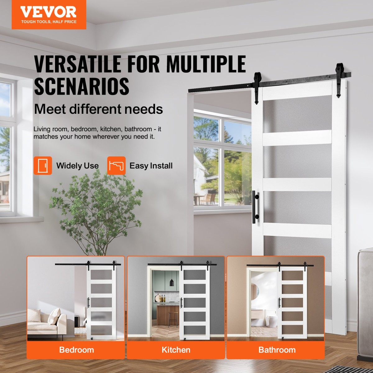 VEVOR Barn Door and Hardware Kit, 30" x 84" Ξύλινη και γυάλινη συρόμενη πόρτα αχυρώνα, ομαλά και αθόρυβα, κιτ αχυρώνας με οδηγό δαπέδου 8 σε 1 και λαβή πόρτας, πλάκα από ξύλο ελάτης και παγωμένο γυαλί