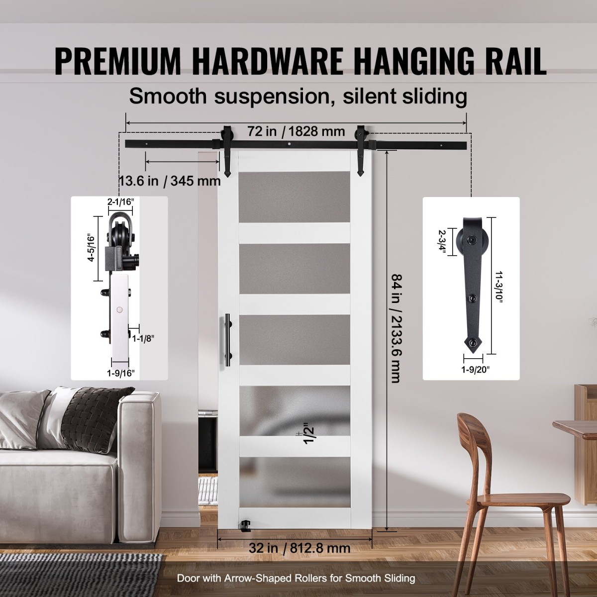 VEVOR Barn Door and Hardware Kit, 30" x 84" Ξύλινη και γυάλινη συρόμενη πόρτα αχυρώνα, ομαλά και αθόρυβα, κιτ αχυρώνας με οδηγό δαπέδου 8 σε 1 και λαβή πόρτας, πλάκα από ξύλο ελάτης και παγωμένο γυαλί
