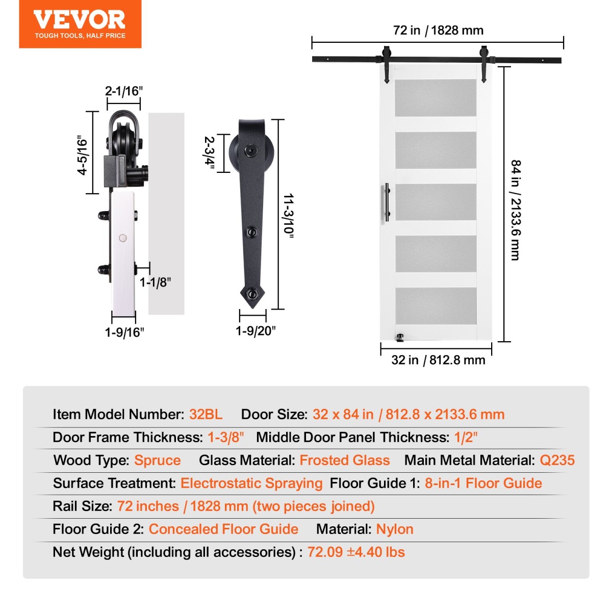 VEVOR Barn Door and Hardware Kit, 30" x 84" Ξύλινη και γυάλινη συρόμενη πόρτα αχυρώνα, ομαλά και αθόρυβα, κιτ αχυρώνας με οδηγό δαπέδου 8 σε 1 και λαβή πόρτας, πλάκα από ξύλο ελάτης και παγωμένο γυαλί