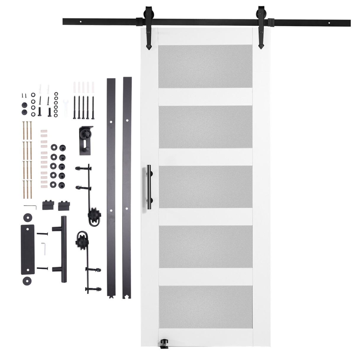 VEVOR Barn Door and Hardware Kit, 30" x 84" Ξύλινη και γυάλινη συρόμενη πόρτα αχυρώνα, ομαλά και αθόρυβα, κιτ αχυρώνας με οδηγό δαπέδου 8 σε 1 και λαβή πόρτας, πλάκα από ξύλο ελάτης και παγωμένο γυαλί