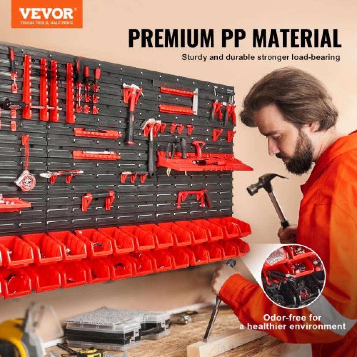 VEVOR Επιτοίχιοι κάδοι αποθήκευσης, 30-Bin Parts Rack Organizer Garage Plastic Shop Εργαλείο με πάνελ τοίχου/Θήρες εργαλείων/Γάντζοι, Ατζέντα εργαλείων για παξιμάδια, μπουλόνια, βίδες, καρφιά, χάντρες, κουμπιά, μαύρο και κόκκινο