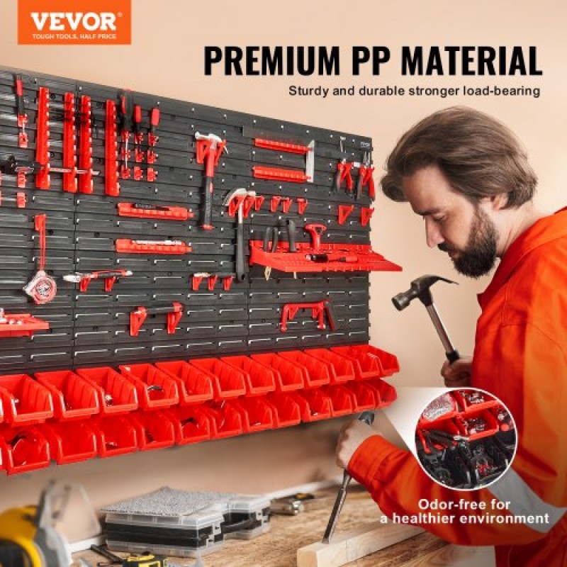VEVOR Επιτοίχιοι κάδοι αποθήκευσης, 30-Bin Parts Rack Organizer Garage Plastic Shop Εργαλείο με πάνελ τοίχου/Θήρες εργαλείων/Γάντζοι, Ατζέντα εργαλείων για παξιμάδια, μπουλόνια, βίδες, καρφιά, χάντρες, κουμπιά, μαύρο και κόκκινο