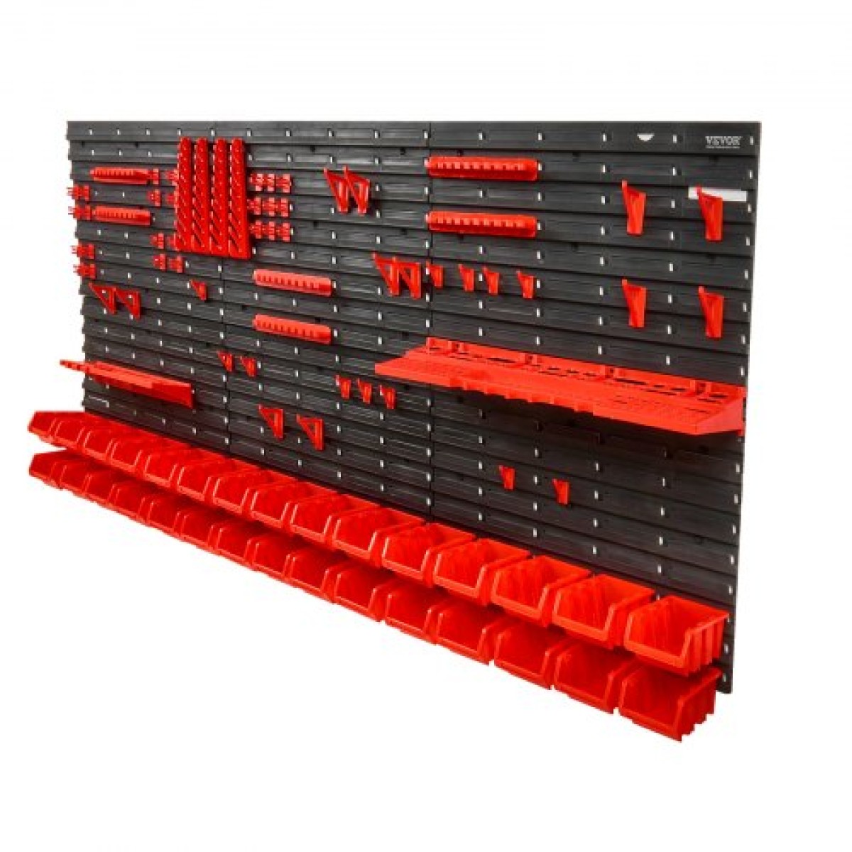 VEVOR Επιτοίχιοι κάδοι αποθήκευσης, 30-Bin Parts Rack Organizer Garage Plastic Shop Εργαλείο με πάνελ τοίχου/Θήρες εργαλείων/Γάντζοι, Ατζέντα εργαλείων για παξιμάδια, μπουλόνια, βίδες, καρφιά, χάντρες, κουμπιά, μαύρο και κόκκινο