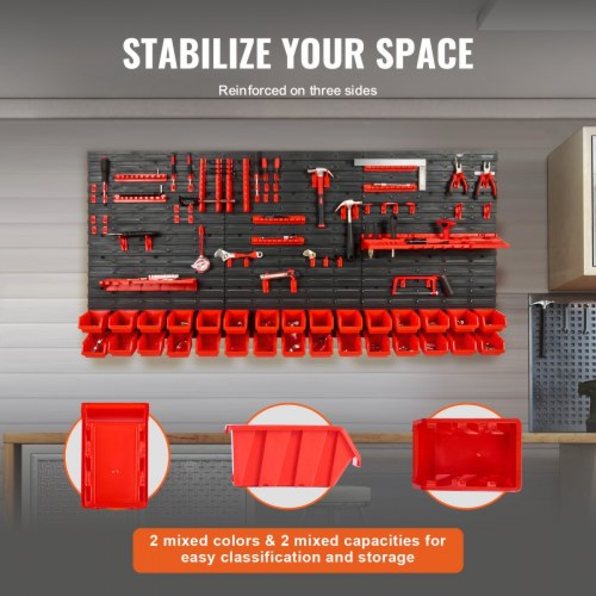 VEVOR Επιτοίχιοι κάδοι αποθήκευσης, 30-Bin Parts Rack Organizer Garage Plastic Shop Εργαλείο με πάνελ τοίχου/Θήρες εργαλείων/Γάντζοι, Ατζέντα εργαλείων για παξιμάδια, μπουλόνια, βίδες, καρφιά, χάντρες, κουμπιά, μαύρο και κόκκινο