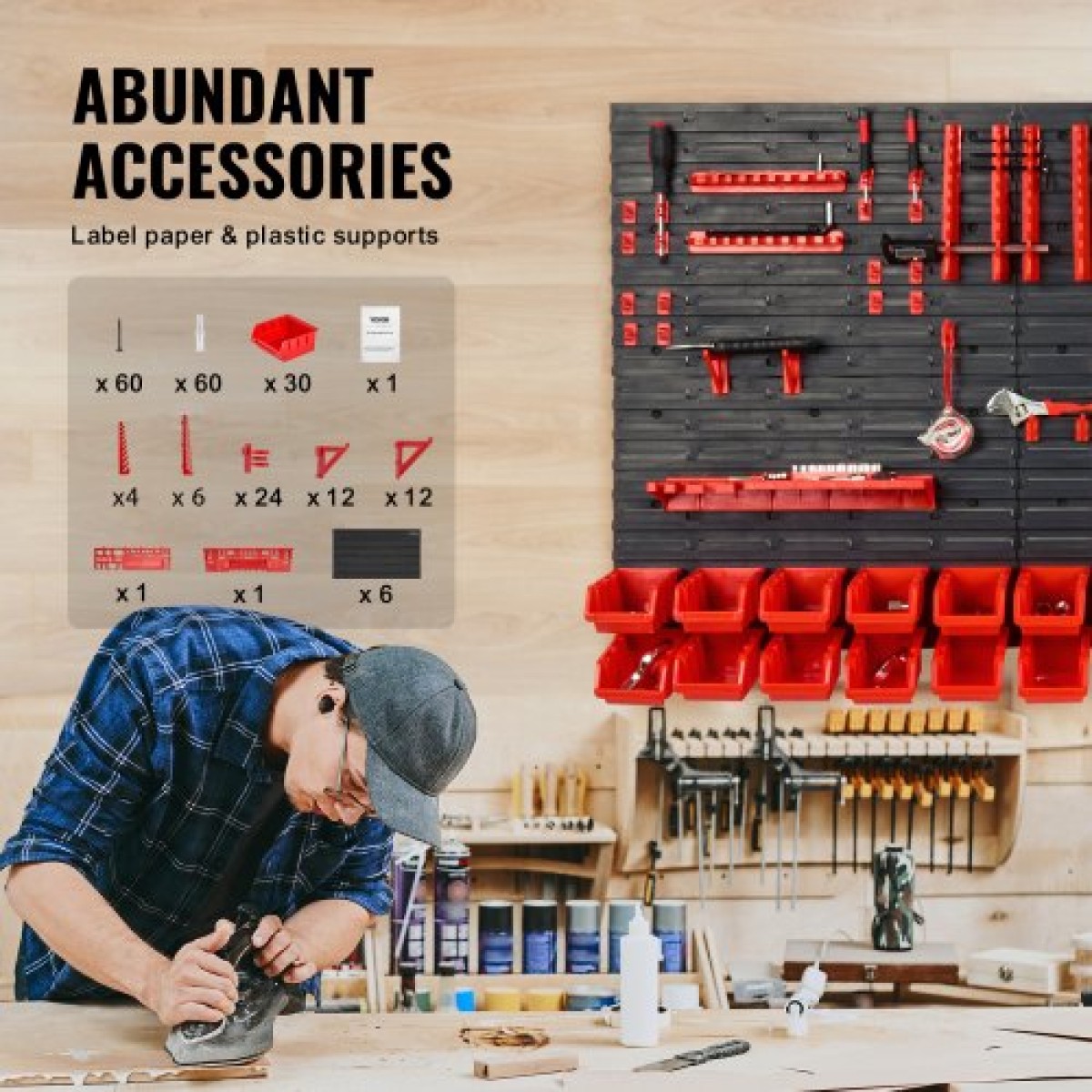 VEVOR Επιτοίχιοι κάδοι αποθήκευσης, 30-Bin Parts Rack Organizer Garage Plastic Shop Εργαλείο με πάνελ τοίχου/Θήρες εργαλείων/Γάντζοι, Ατζέντα εργαλείων για παξιμάδια, μπουλόνια, βίδες, καρφιά, χάντρες, κουμπιά, μαύρο και κόκκινο