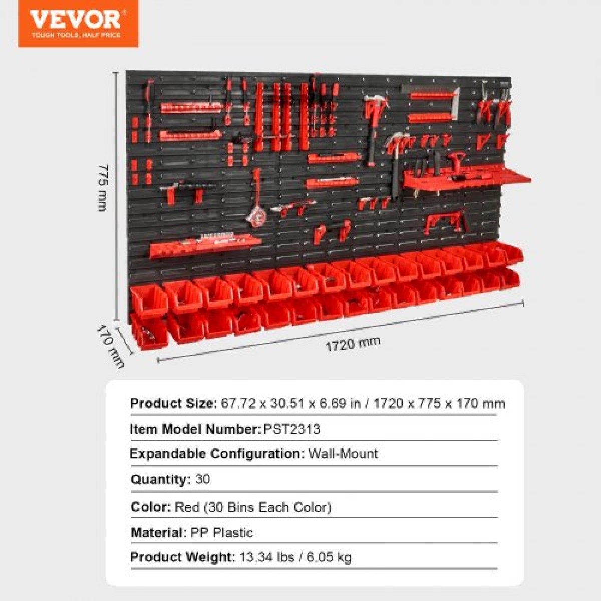 VEVOR Επιτοίχιοι κάδοι αποθήκευσης, 30-Bin Parts Rack Organizer Garage Plastic Shop Εργαλείο με πάνελ τοίχου/Θήρες εργαλείων/Γάντζοι, Ατζέντα εργαλείων για παξιμάδια, μπουλόνια, βίδες, καρφιά, χάντρες, κουμπιά, μαύρο και κόκκινο