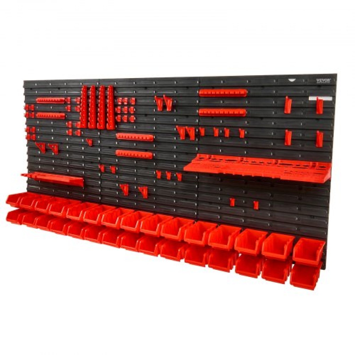 VEVOR Επιτοίχιοι κάδοι αποθήκευσης, 30-Bin Parts Rack Organizer Garage Plastic Shop Εργαλείο με πάνελ τοίχου/Θήρες εργαλείων/Γάντζοι, Ατζέντα εργαλείων για παξιμάδια, μπουλόνια, βίδες, καρφιά, χάντρες, κουμπιά, μαύρο και κόκκινο