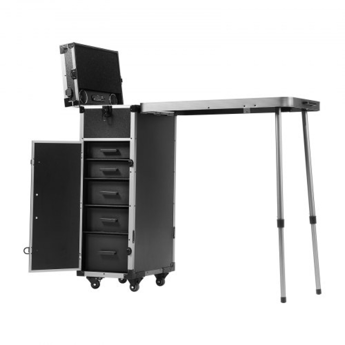 VEVOR Professional Makeup Train Case Θήκη καλλυντικής αλουμινίου, πάγκος εργασίας με πόδια στήριξης, κυλιόμενη θήκη μακιγιάζ Εξαιρετικά μεγάλο τρόλεϊ μακιγιάζ Travel Organizer, με περιστρεφόμενους τροχούς 360°, Μαύρο