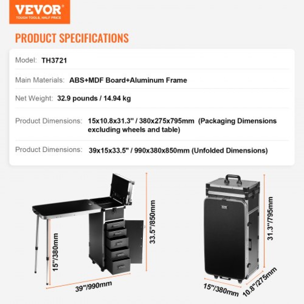 VEVOR Professional Makeup Train Case Θήκη καλλυντικής αλουμινίου, πάγκος εργασίας με πόδια στήριξης, κυλιόμενη θήκη μακιγιάζ Εξαιρετικά μεγάλο τρόλεϊ μακιγιάζ Travel Organizer, με περιστρεφόμενους τροχούς 360°, Μαύρο