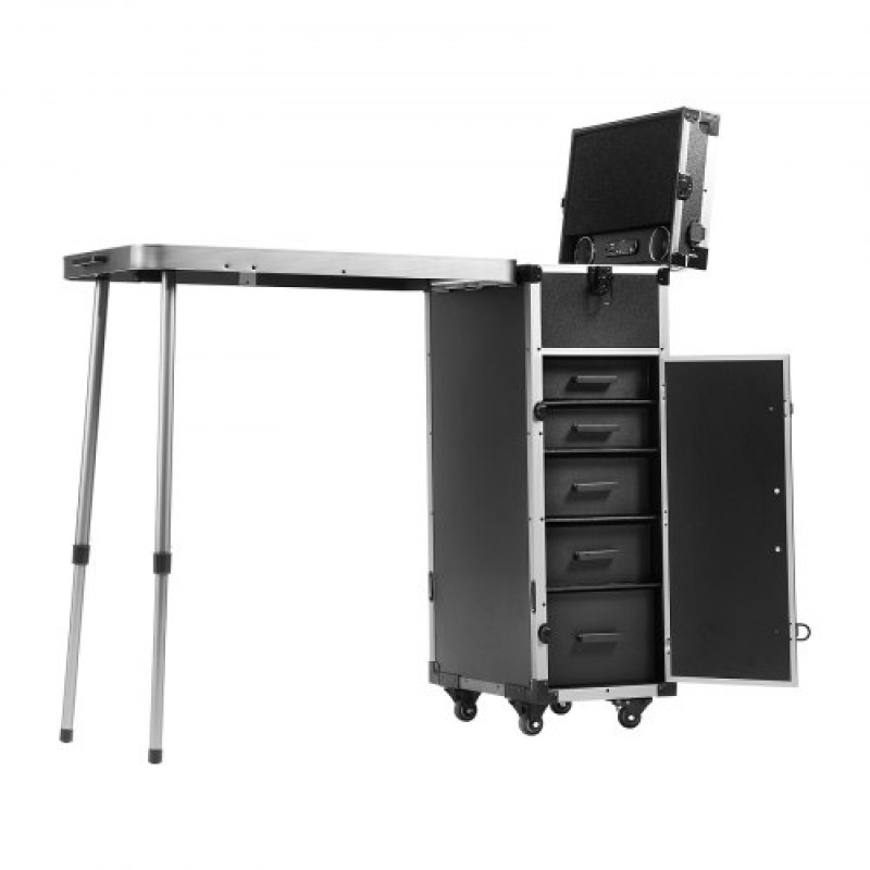 VEVOR Professional Makeup Train Case Θήκη καλλυντικής αλουμινίου, πάγκος εργασίας με πόδια στήριξης, κυλιόμενη θήκη μακιγιάζ Εξαιρετικά μεγάλο τρόλεϊ μακιγιάζ Travel Organizer, με περιστρεφόμενους τροχούς 360°, Μαύρο