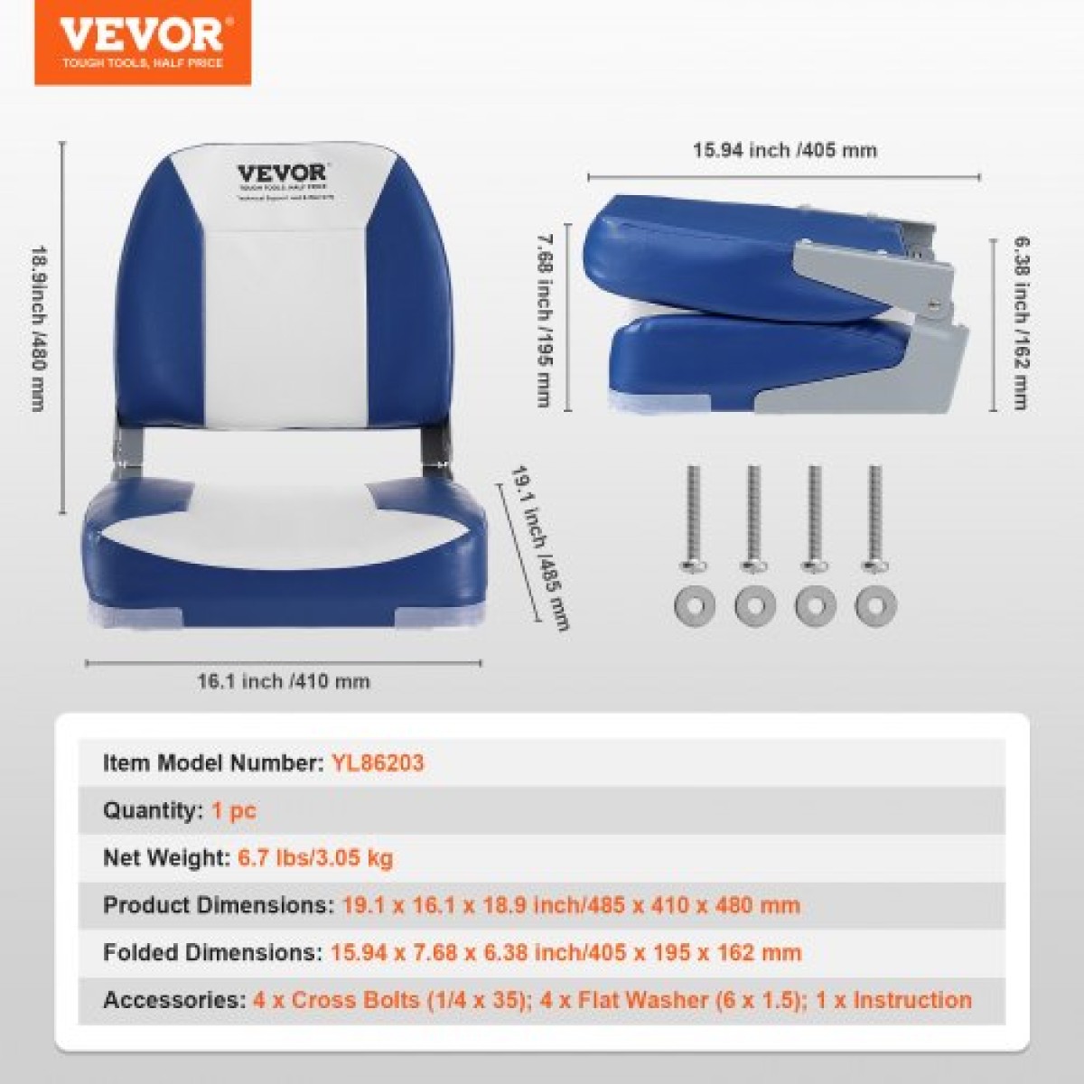 Κάθισμα σκάφους VEVOR, Κάθισμα σκάφους 18,9" Χαμηλή πλάτη, Πτυσσόμενη καρέκλα σκάφους με παχύρρευστο σφουγγάρι και μεντεσέ, αναδιπλούμενη καρέκλα καπετάνιου σκάφους για ψαρόβαρκα, σκάφος περιήγησης στα αξιοθέατα, ταχύπλοο σκάφος, κανό, 1 τεμάχιο