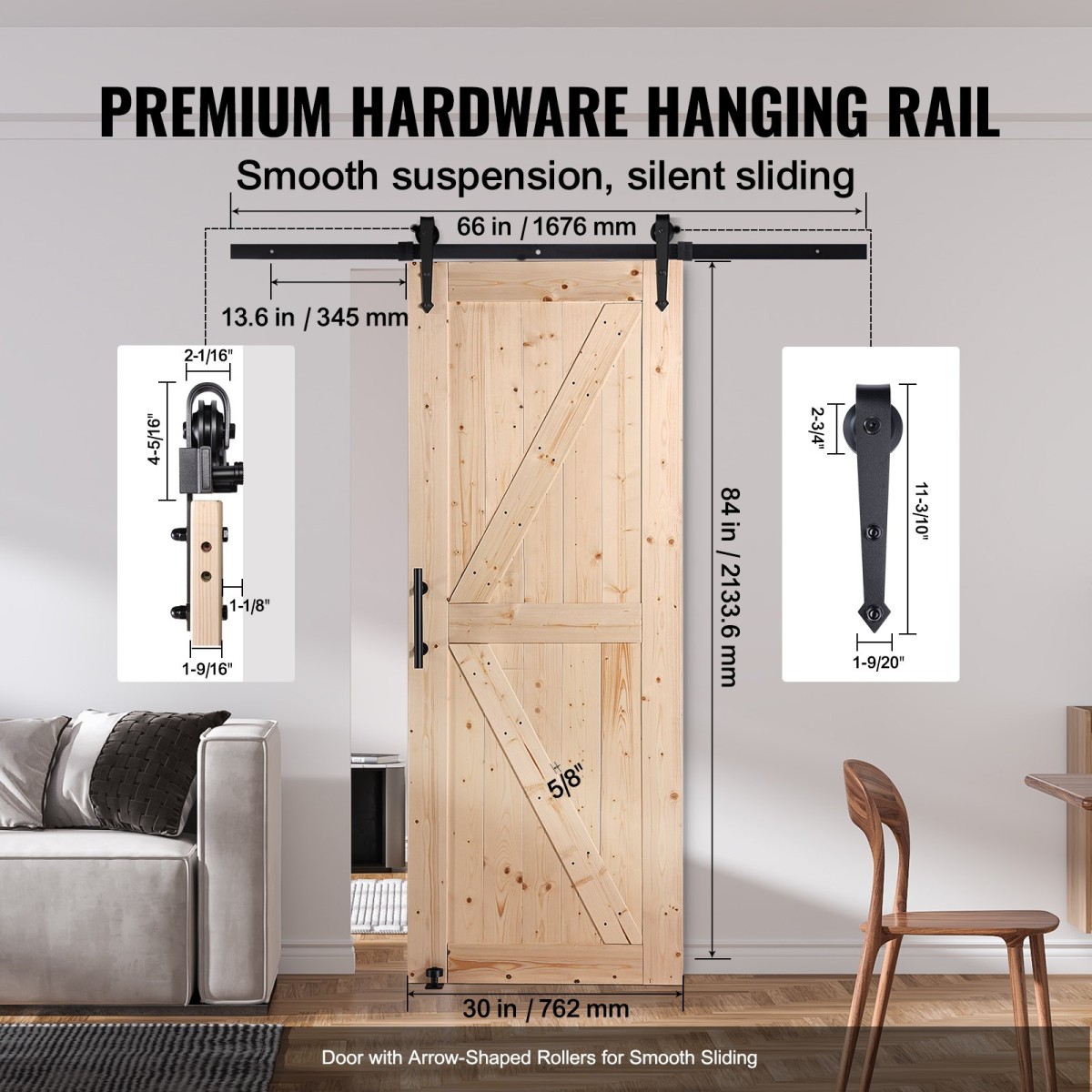 VEVOR Barn Door and Hardware Kit, 30" x 84" Ξύλινη συρόμενη πόρτα αχυρώνα, ομαλά και αθόρυβα, κιτ αχυρώνας με οδηγό δαπέδου 8 σε 1 και λαβή πόρτας, πλάκα με επένδυση από ξύλο ελάτης, εύκολη εγκατάσταση