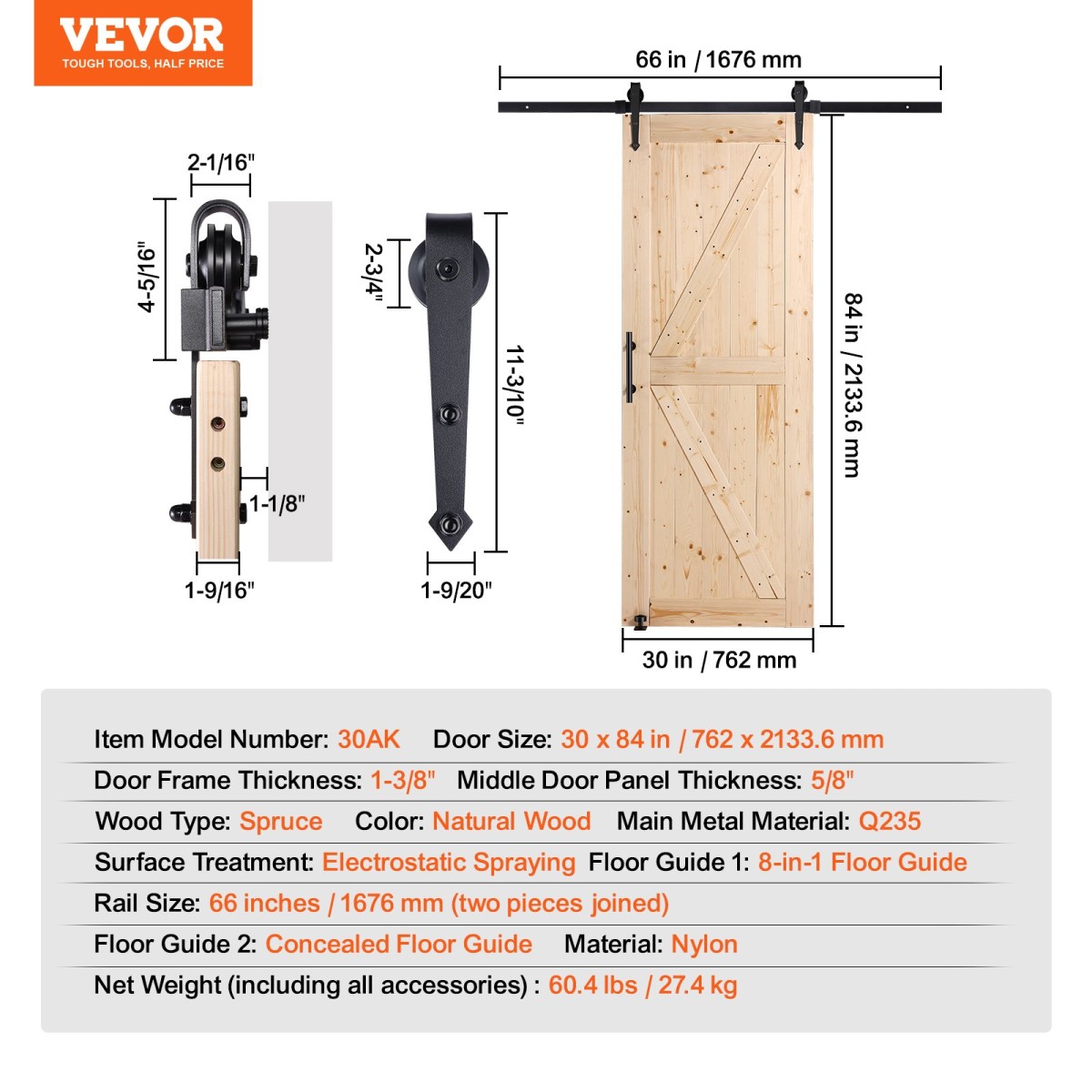 VEVOR Barn Door and Hardware Kit, 30" x 84" Ξύλινη συρόμενη πόρτα αχυρώνα, ομαλά και αθόρυβα, κιτ αχυρώνας με οδηγό δαπέδου 8 σε 1 και λαβή πόρτας, πλάκα με επένδυση από ξύλο ελάτης, εύκολη εγκατάσταση