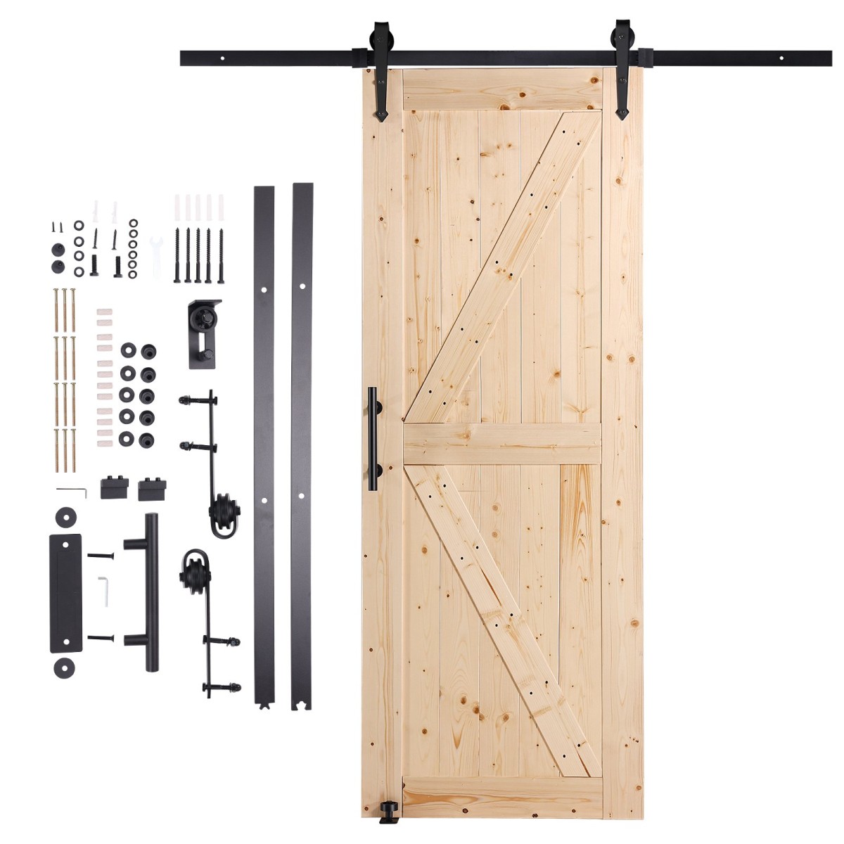 VEVOR Barn Door and Hardware Kit, 30" x 84" Ξύλινη συρόμενη πόρτα αχυρώνα, ομαλά και αθόρυβα, κιτ αχυρώνας με οδηγό δαπέδου 8 σε 1 και λαβή πόρτας, πλάκα με επένδυση από ξύλο ελάτης, εύκολη εγκατάσταση