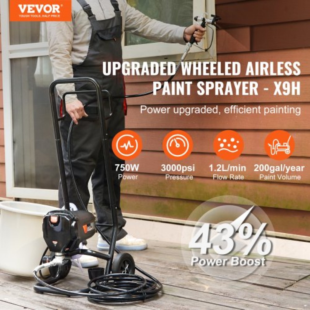 VEVOR Stand Airless Paint Sprayer, 750W 3000PSI High Efficiency Electric Airless Sprayer with Cart, Fine and ομοιόμορφο εφέ βαφής, Ψεκαστήρες χρωμάτων για έπιπλα και φράχτες εσωτερικού και εξωτερικού σπιτιού