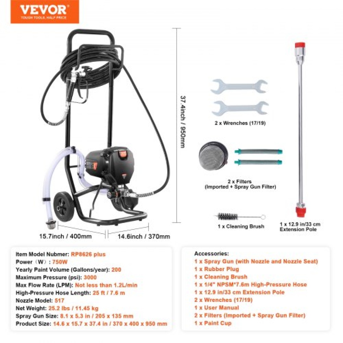 VEVOR Stand Airless Paint Sprayer, 750W 3000PSI High Efficiency Electric Airless Sprayer with Cart, Fine and ομοιόμορφο εφέ βαφής, Ψεκαστήρες χρωμάτων για έπιπλα και φράχτες εσωτερικού και εξωτερικού σπιτιού