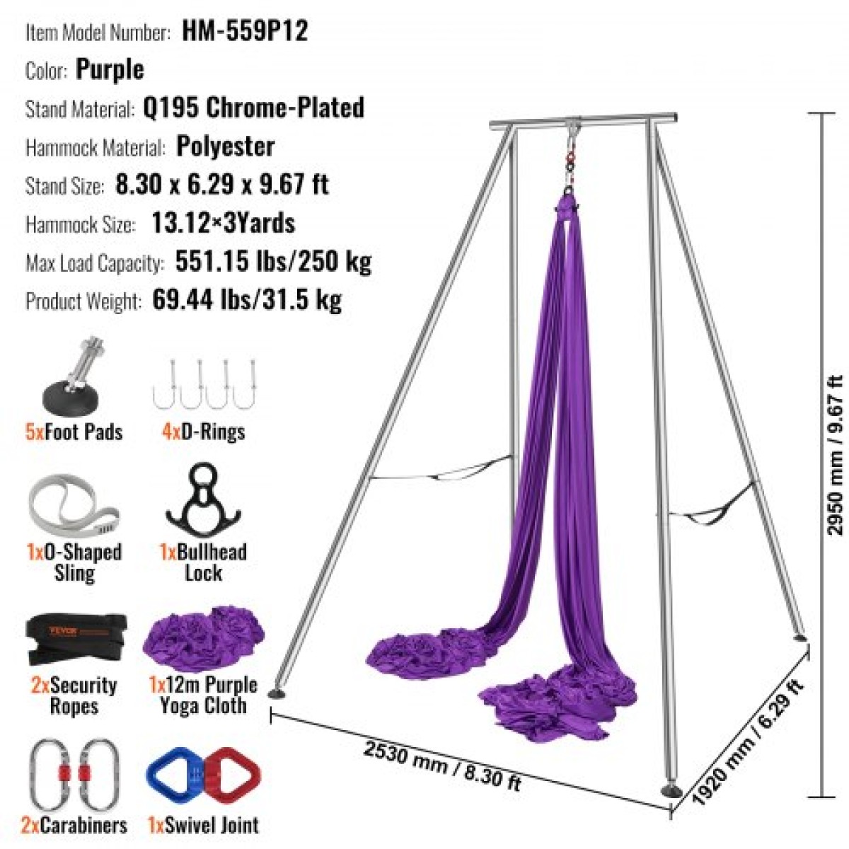 VEVOR Aerial Yoga Frame & Yoga Hammock, 9,67 ft Professional Yoga Stand έρχεται με 13,1 Yards Aerial Hammock, Max 551,15 lbs Load Capacity Rig Yoga for Indoor Outdoor Aerial Yoga, μωβ