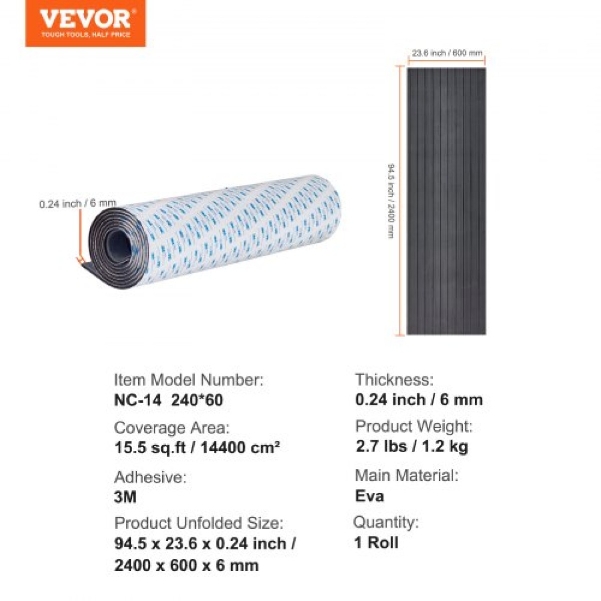 VEVOR Boat Flooring, EVA Foam Boat Decking 94,5" x 23,6", Αντιολισθητικό αυτοκόλλητο δάπεδο, 15,5 sq.ft Θαλάσσιο χαλί για σκάφη, γιοτ, Pontoon, δάπεδα καγιάκ