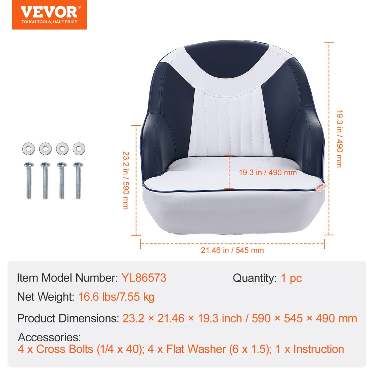 Κάθισμα VEVOR Captain Bucket, Κάθισμα για σκάφος Pontoon με παχύρρευστο σφουγγάρι, Καρέκλα καπετάνιου σκάφους για ψαρόβαρκα, σκάφος περιήγησης στα αξιοθέατα, ταχύπλοο, κανό, 1 τεμάχιο