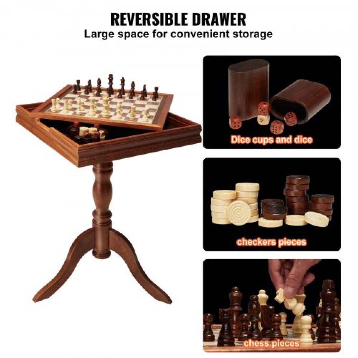 VEVOR 3-IN-1 Chess Checkers Σετ επιτραπέζιου τάβλι, Ξύλινο τραπέζι σκακιού 18 ιντσών Premium, Σετ επιτραπέζιου παιχνιδιού Deluxe Combo, Σετ επιτραπέζιου παιχνιδιού σκακιού Δώρο για οικογενειακά επιτραπέζια παιχνίδια