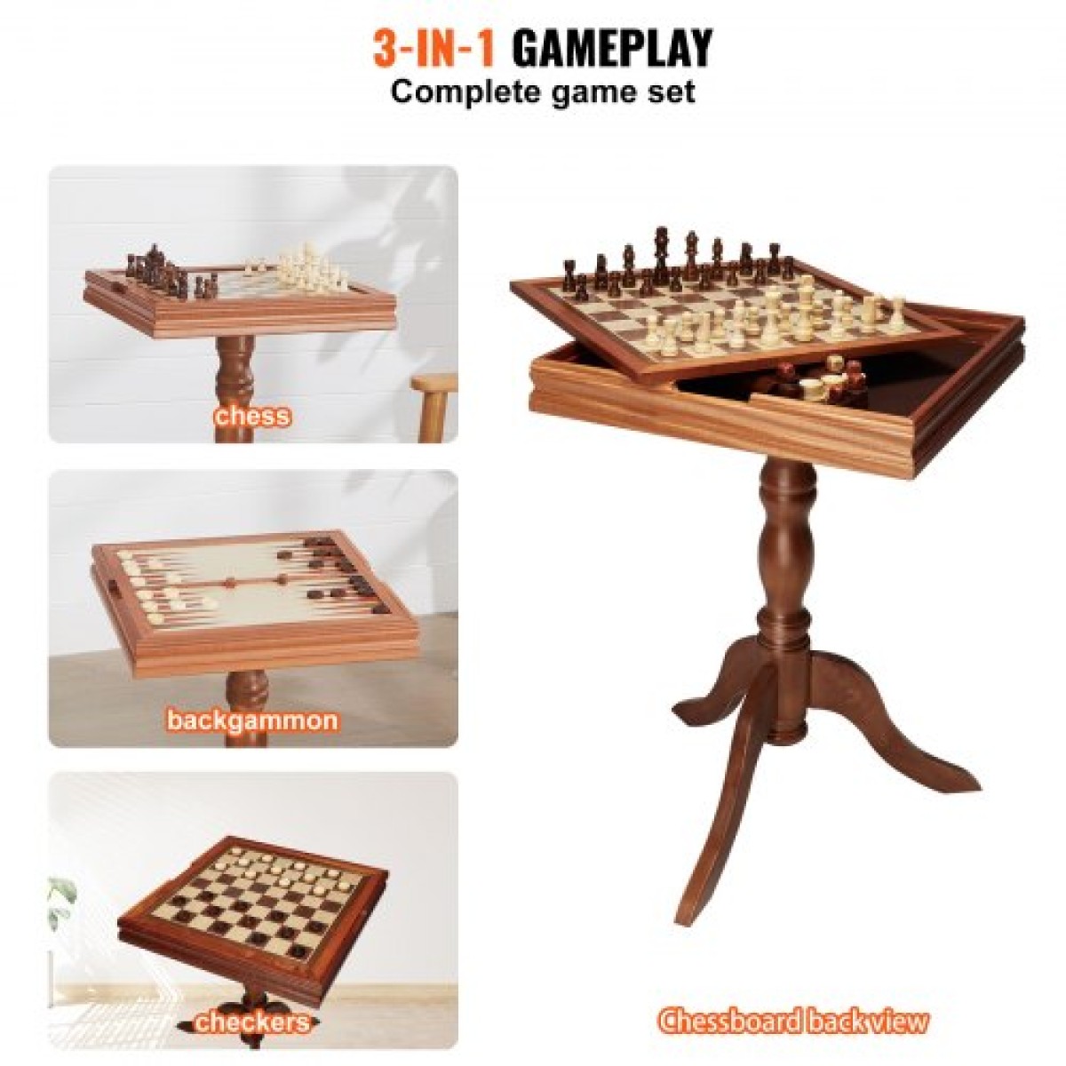 VEVOR 3-IN-1 Chess Checkers Σετ επιτραπέζιου τάβλι, Ξύλινο τραπέζι σκακιού 18 ιντσών Premium, Σετ επιτραπέζιου παιχνιδιού Deluxe Combo, Σετ επιτραπέζιου παιχνιδιού σκακιού Δώρο για οικογενειακά επιτραπέζια παιχνίδια