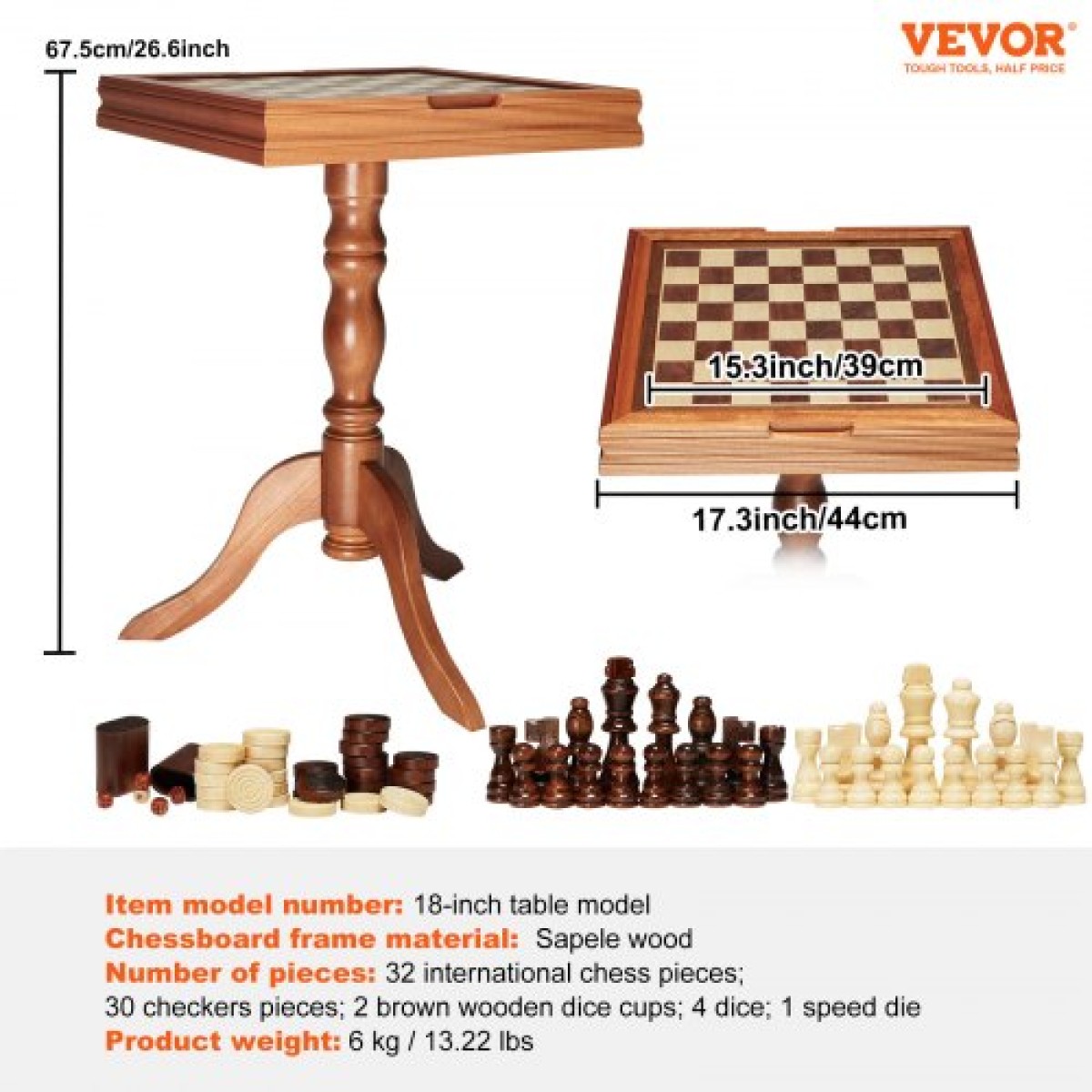 VEVOR 3-IN-1 Chess Checkers Σετ επιτραπέζιου τάβλι, Ξύλινο τραπέζι σκακιού 18 ιντσών Premium, Σετ επιτραπέζιου παιχνιδιού Deluxe Combo, Σετ επιτραπέζιου παιχνιδιού σκακιού Δώρο για οικογενειακά επιτραπέζια παιχνίδια