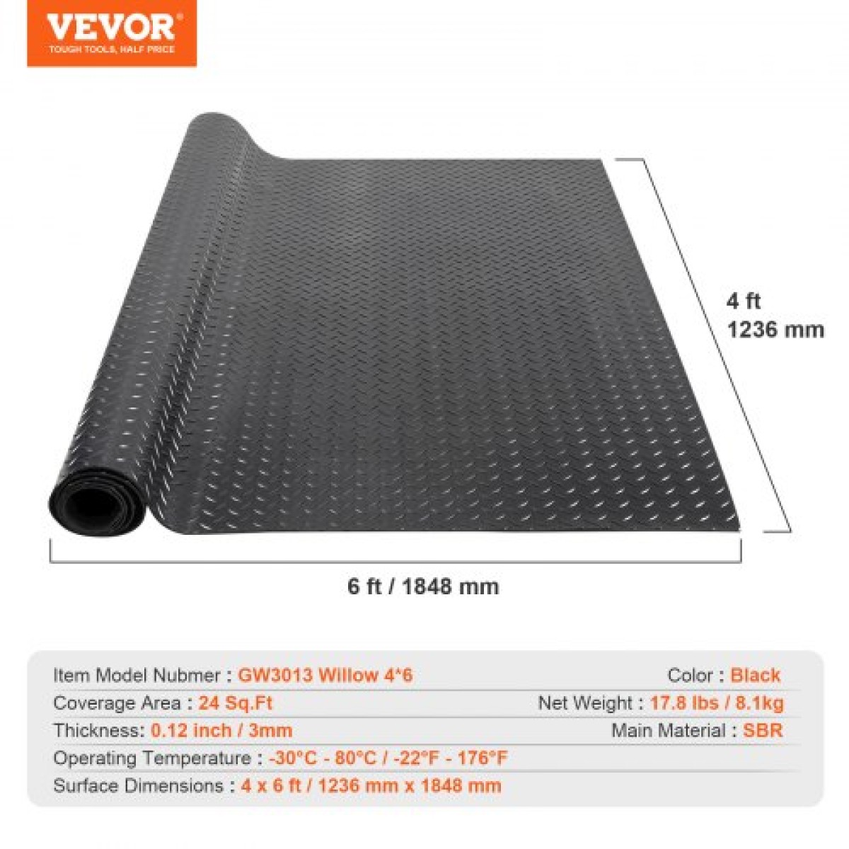 Ρολό δαπέδου από καουτσούκ VEVOR Diamond-Plate, 3 mm x 4 ft x 6 ft πατάκι γκαράζ, SBR Rubber ρολό δαπέδου γκαράζ, εύκολο στο καθάρισμα, διαμάντι πλάκα από καουτσούκ για κάτω από αυτοκίνητα, Garage Industry gym, μαύρο
