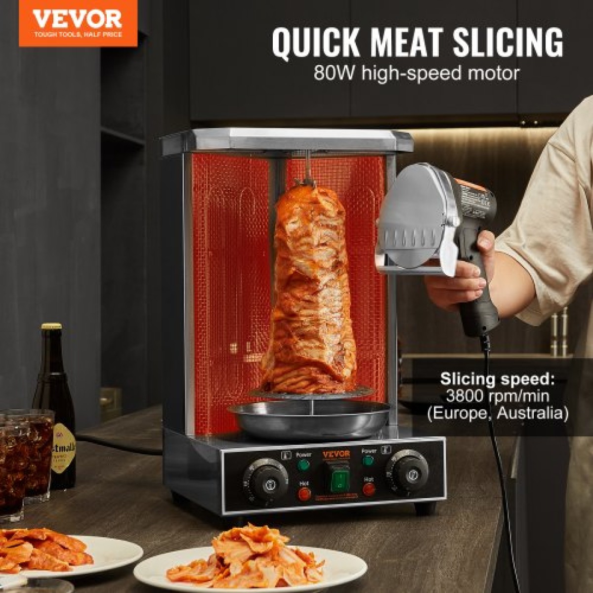 VEVOR Electric Shawarma Knife, Επαγγελματικό τουρκικό μαχαίρι για κεμπάπ 80W, Επαγγελματικός γυροσκόφτης από ανοξείδωτο ατσάλι, τεμαχιστής κρέατος Doner kebab με 2 λεπίδες, Διάμετρος λεπίδας Φ4"/100mm, Ρυθμιζόμενο πάχος 0-8mm