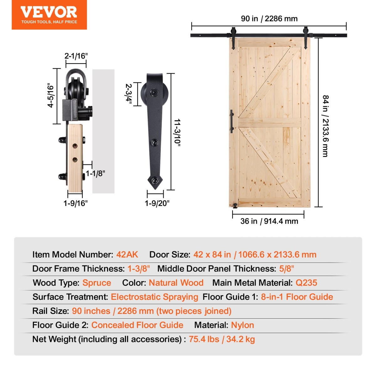 Κιτ αχυρώνας και εξοπλισμού VEVOR, 42" x 84" Ξύλινη συρόμενη πόρτα αχυρώνα, ομαλά και αθόρυβα, κιτ αχυρώνας με οδηγό δαπέδου 8 σε 1 και λαβή πόρτας, πλάκα με επένδυση από ξύλο ελάτης, εύκολη εγκατάσταση