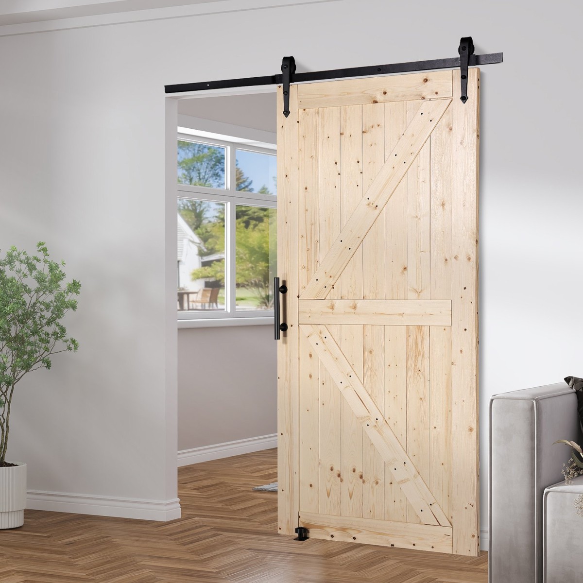 Κιτ αχυρώνας και εξοπλισμού VEVOR, 42" x 84" Ξύλινη συρόμενη πόρτα αχυρώνα, ομαλά και αθόρυβα, κιτ αχυρώνας με οδηγό δαπέδου 8 σε 1 και λαβή πόρτας, πλάκα με επένδυση από ξύλο ελάτης, εύκολη εγκατάσταση