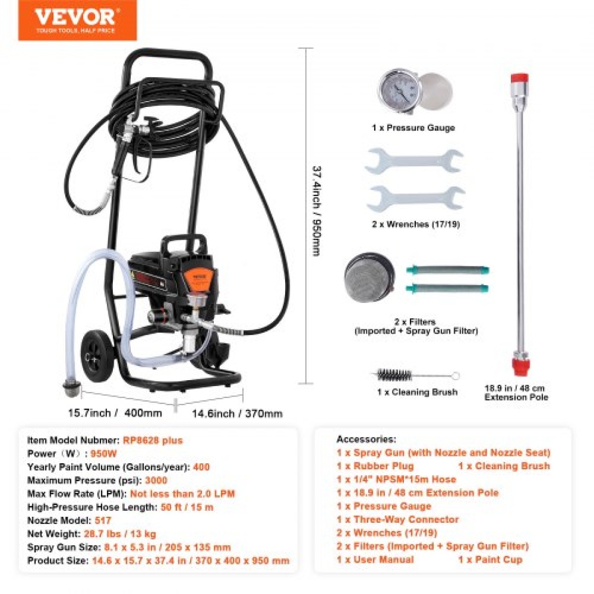 VEVOR Stand Airless Paint Sprayer, 950W 3000PSI High Efficiency Electric Airless Sprayer with Cart, Fine and ομοιόμορφο εφέ βαφής, Ψεκαστήρες χρωμάτων για έπιπλα και φράχτες εσωτερικού και εξωτερικού σπιτιού