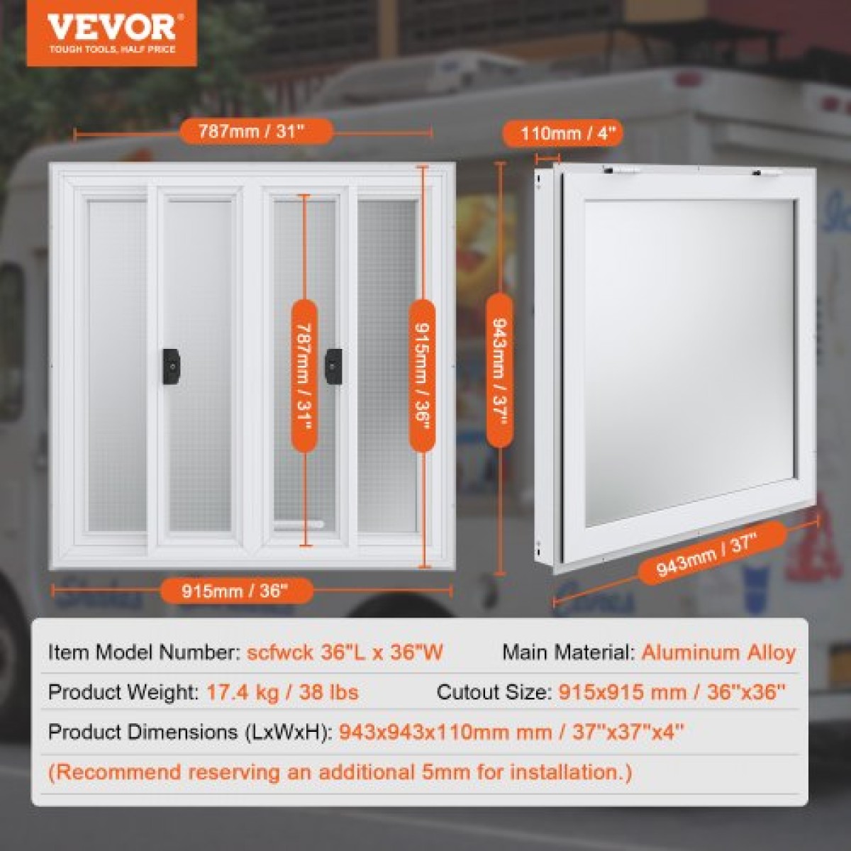 VEVOR Concession Window 36"x36", Παράθυρο Service Food Truck από κράμα αλουμινίου με 4 οριζόντια συρόμενα παράθυρα & τέντα πόρτα & σύρσιμο άγκιστρο, παράθυρο σερβιρίσματος έως 85 μοιρών για Food Truck Concession Trailer