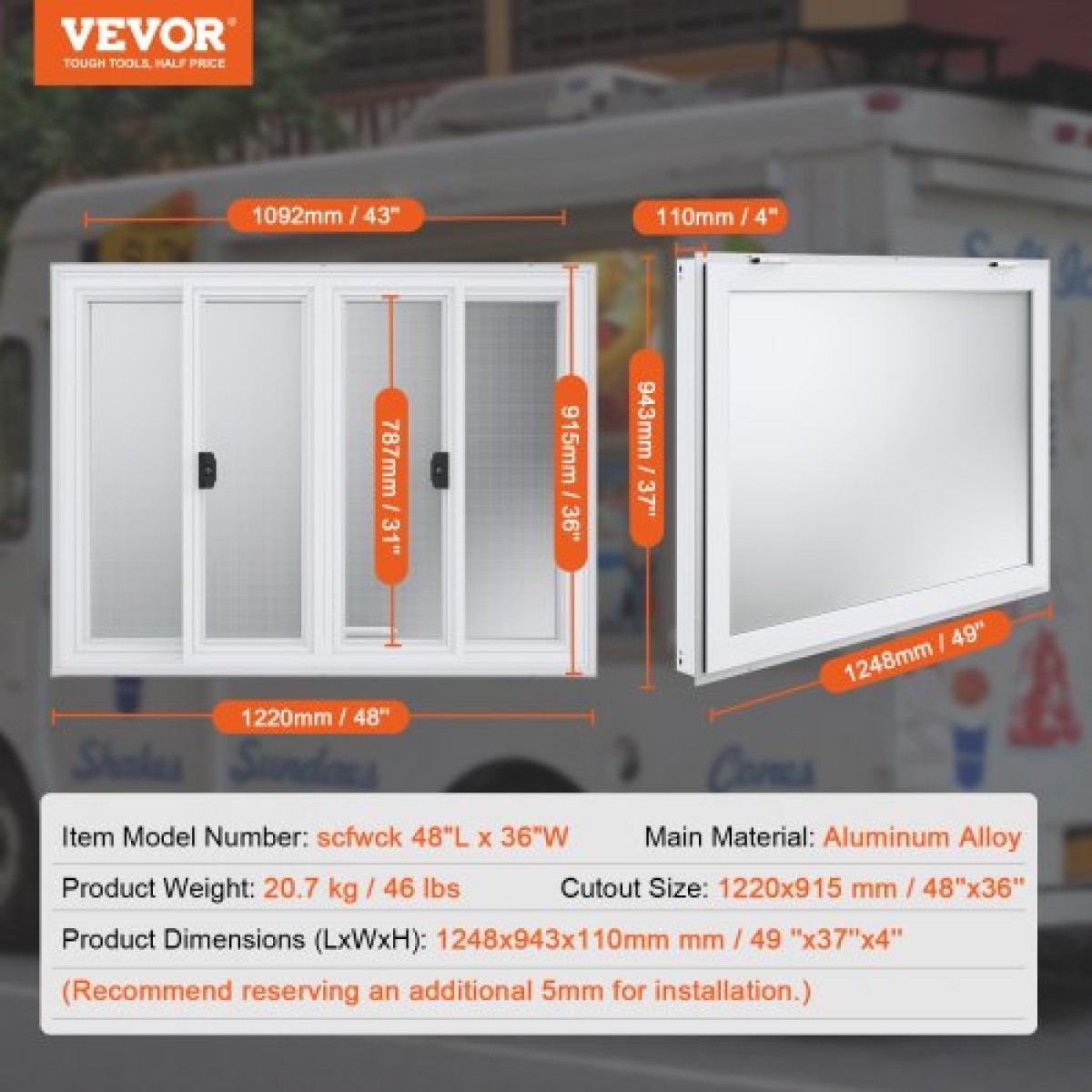VEVOR 122L x 91,4W cm Concession Stand Παράθυρο σερβιρίσματος Food Truck Service Τέντα