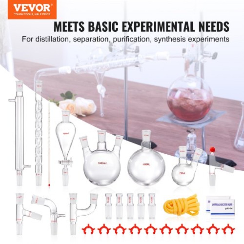 VEVOR Lab Distillation Kit, 3.3 Boro Lab Glassware Distillation Kit with 24, 40 Joint, 1000ml Esential Oil Distillation Apparatus Kit, 29 τμχ Σετ εξοπλισμού γυαλικών