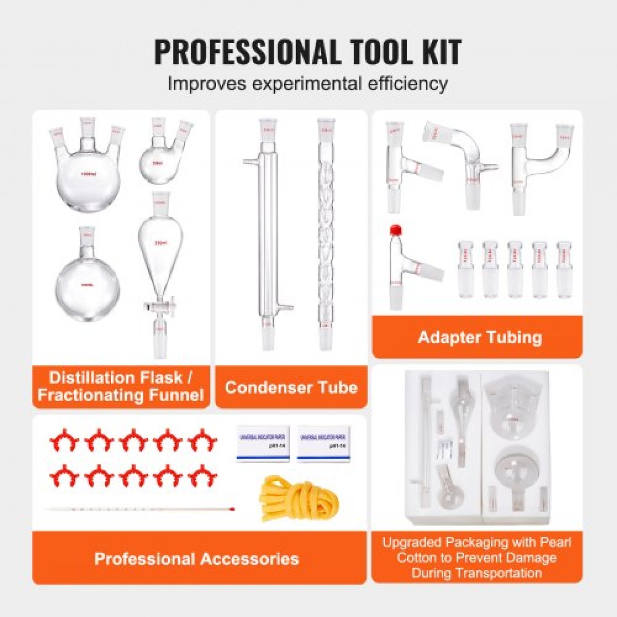 VEVOR Lab Distillation Kit, 3.3 Boro Lab Glassware Distillation Kit with 24, 40 Joint, 1000ml Esential Oil Distillation Apparatus Kit, 29 τμχ Σετ εξοπλισμού γυαλικών