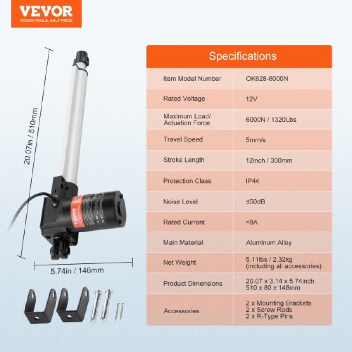 VEVOR Linear Actuator 12V 12In Heavy Duty 1320lbs/6000N 0.19"/s IP44 Protection