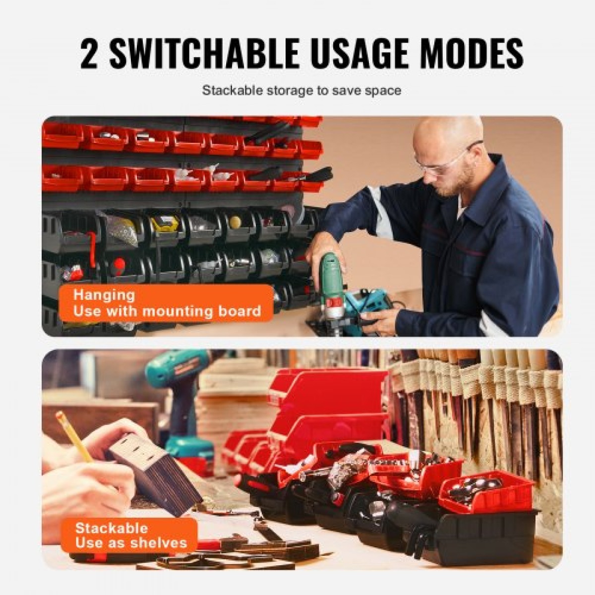 VEVOR Επιτοίχιοι κάδοι αποθήκευσης, 48-Bin Parts Rack Organizer Garage Plastic Shop Tool with Wall Panels, Tool Organizer για παξιμάδια, μπουλόνια, βίδες, καρφιά, χάντρες, κουμπιά, άλλα μικρά εξαρτήματα, μαύρο και κόκκινο