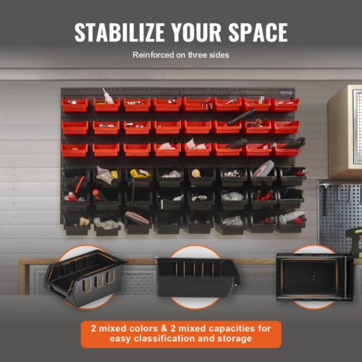 VEVOR Επιτοίχιοι κάδοι αποθήκευσης, 48-Bin Parts Rack Organizer Garage Plastic Shop Tool with Wall Panels, Tool Organizer για παξιμάδια, μπουλόνια, βίδες, καρφιά, χάντρες, κουμπιά, άλλα μικρά εξαρτήματα, μαύρο και κόκκινο