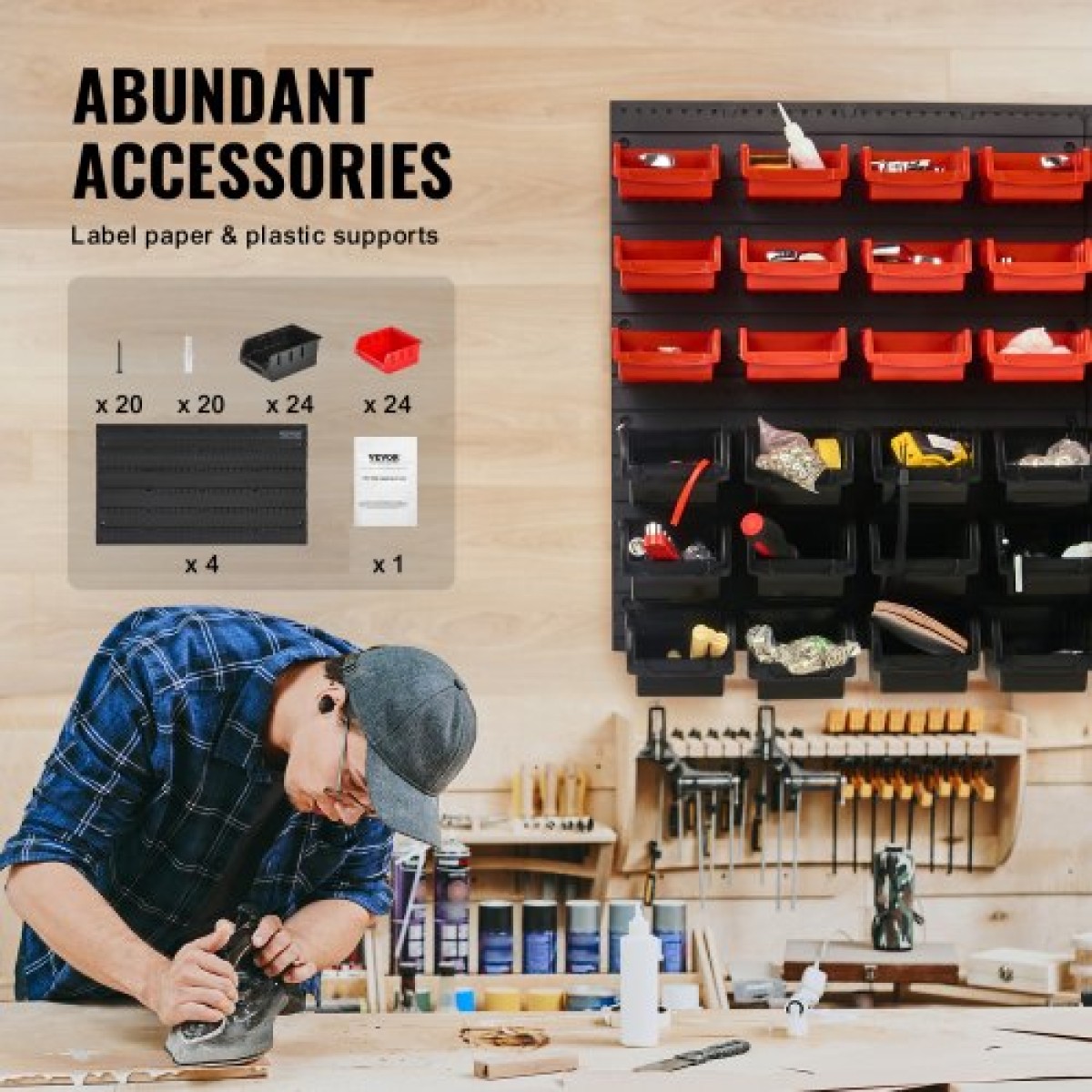 VEVOR Επιτοίχιοι κάδοι αποθήκευσης, 48-Bin Parts Rack Organizer Garage Plastic Shop Tool with Wall Panels, Tool Organizer για παξιμάδια, μπουλόνια, βίδες, καρφιά, χάντρες, κουμπιά, άλλα μικρά εξαρτήματα, μαύρο και κόκκινο