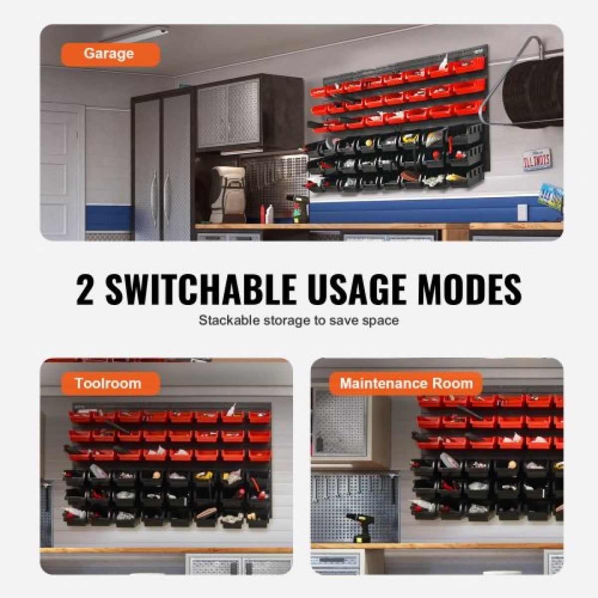VEVOR Επιτοίχιοι κάδοι αποθήκευσης, 48-Bin Parts Rack Organizer Garage Plastic Shop Tool with Wall Panels, Tool Organizer για παξιμάδια, μπουλόνια, βίδες, καρφιά, χάντρες, κουμπιά, άλλα μικρά εξαρτήματα, μαύρο και κόκκινο